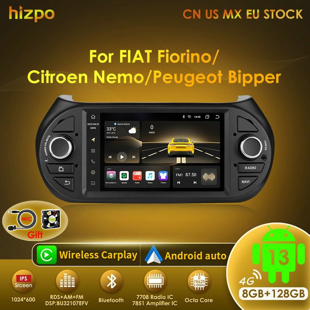 Hizpo AI Voice Android Autoradio Multimedia Video Player mit GPS, Carplay und 4G für Fiat Fiorino, Citroen Nemo und Peugeot Bipper in Schwarz - Bild 1