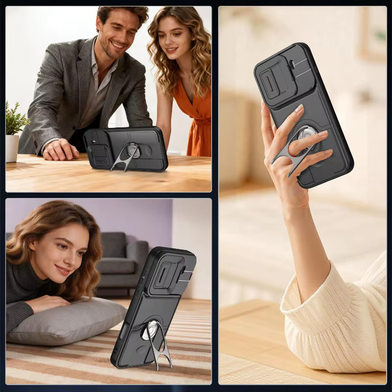 Schutzhülle für OPPO Find X9 Pro mit Schiebe-Objektivschutzring und Standfunktion, Hybrid-Stoßfeste Bumper-Hülle, Schwarz - Bild 2