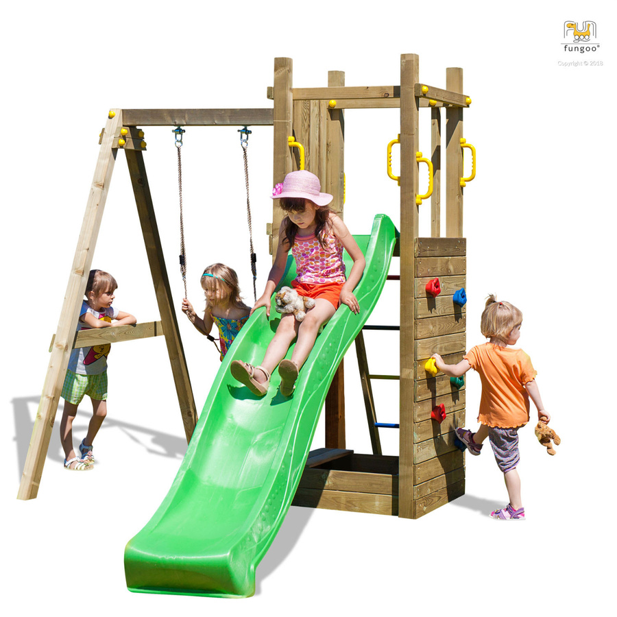 Fungoo Spielturm Funny 3 in Natur mit Schaukel, Rutsche, Sandkasten und Kletterwand - Bild 2