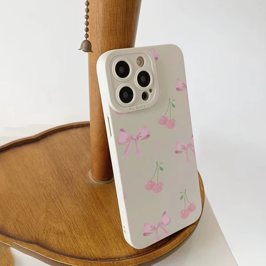 Elfenbeinweiße Handyhülle mit Schleife, Herz und Kirschmotiv für Apple iPhone 17, 16, 15 Pro, Pro Max und Plus Series in Beige - Bild 2