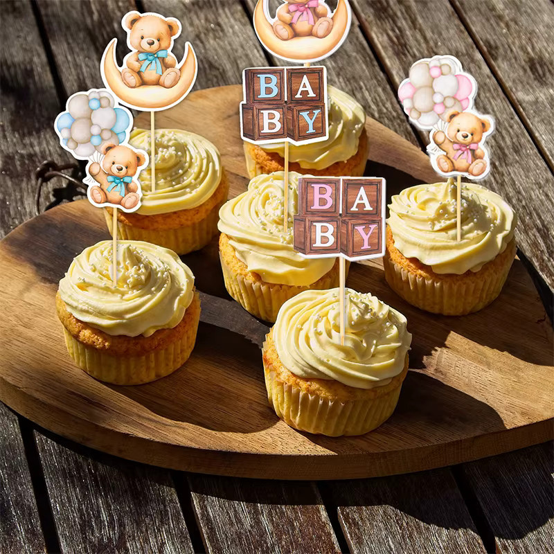 12 oder 24 Stück Bär Cupcake Topper für Baby Shower und Geburtstag, rosa und mehrfarbig, aus Papier - Bild 2