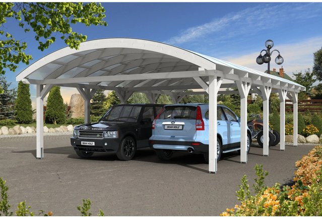 Skan Holz Carport Franken Bogendach aus Fichte Leimholz in Weiß mit Doppelstegplatten, B/T: 635 x 969 cm, Höhe: 325 cm - Bild 1