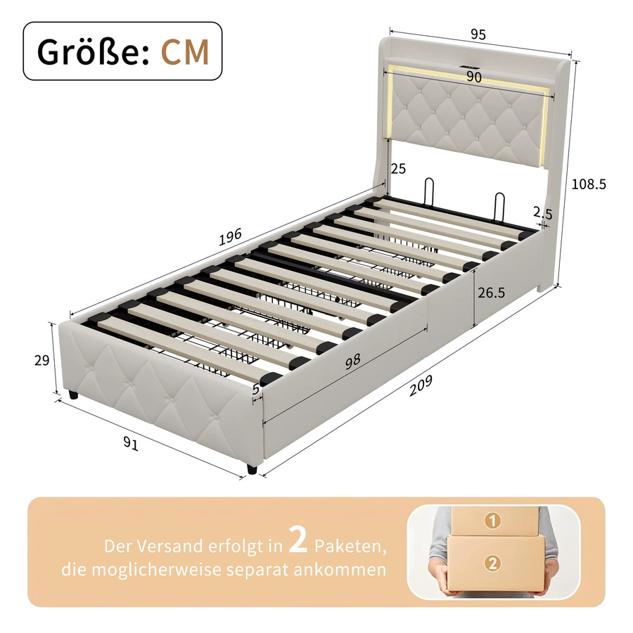 Superaly Polsterbett mit 2 Schubladen, LED-Beleuchtung und USB-Ladefunktion, Samt, Beige, B: 90 cm, T: 200 cm - Bild 2