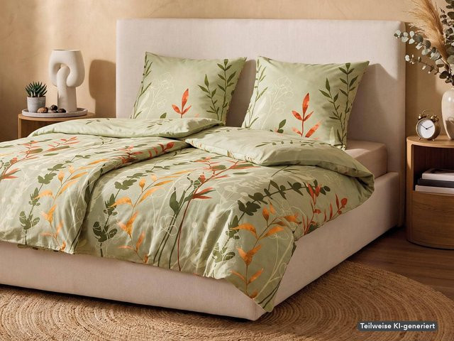 Inspiration Home Amsterdam Mako-Satin Bettwäsche aus Baumwolle mit floralem Design in Weiß und Grün, B/H: 135 x 200 cm und 80 x 80 cm - Bild 1