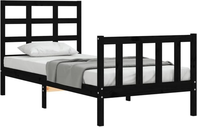vidaXL Massivholzbett aus Kiefernholz mit Kopfteil in Schwarz, B/T/H: 80 x 190 x 100 cm - Bild 1