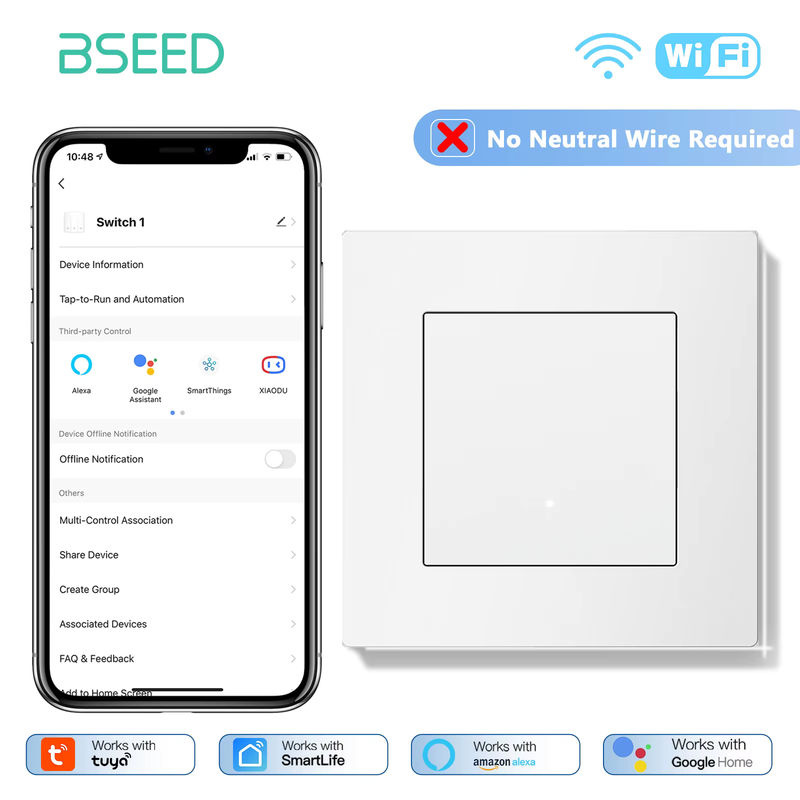 BSEED Smart WLAN Lichtschalter mit EU-Wandsteckdose, Tuya Smart Life kompatibel, 2-Wege Schalter ohne Neutralleiter, Kunststoffrahmen, Weiß - Bild 2
