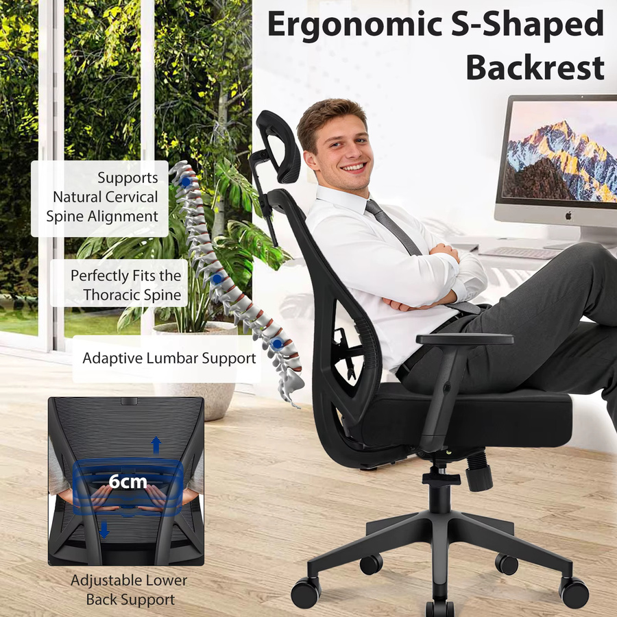 Durrafy Ergonomischer Bürostuhl in Schwarz mit verstellbarer Kopfstütze und Lendenwirbelstütze, moderner Netz-Computerstuhl mit Armlehnen und Höhenverstellbarkeit, Belastbarkeit bis 150 kg - Bild 3