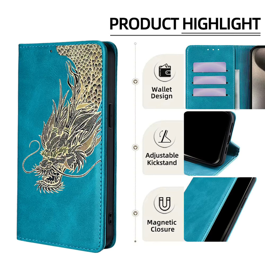 Stoßfeste Leder-Handyhülle mit Drachenmuster für Realme GT8 GT7 Pro Racing GT 7T 6T GT Neo6 SE als Wallet Card Cover in Braun - Bild 2