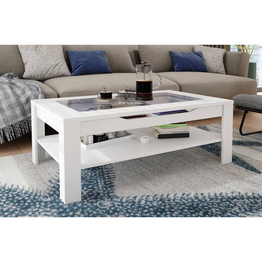 byLIVING Couchtisch RALPH modern in Weiß mit Glaseinlage und Schublade, B/H/T: 110 x 43 x 67 cm - Bild 2