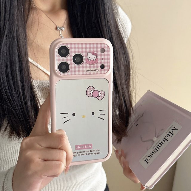 Sanrio Hello Kitty Handyhülle mit Schleife und Schminkspiegel für iPhone 14 15 16 17 Pro Max in Pink - Bild 1
