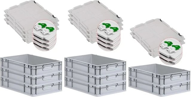 PROREGAL SuperSparSet 8x Eurobox NextGen Grip mit Scharnierdeckel und grünen Schiebeschnappverschlüssen, Grau, H x B x T: 12 x 40 x 60 cm, 23 Liter - Bild 1