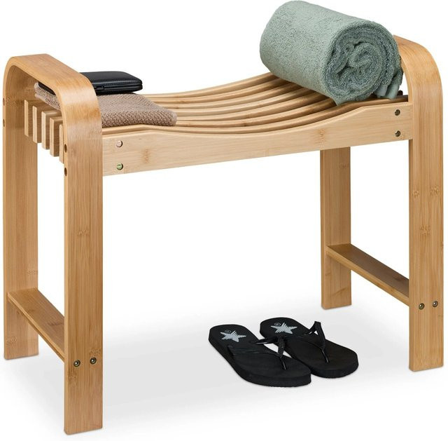 Relaxdays Badhocker aus Bambus in Natur Braun mit Griffen, B/T/H: 65 x 54 x 33 cm - Bild 1