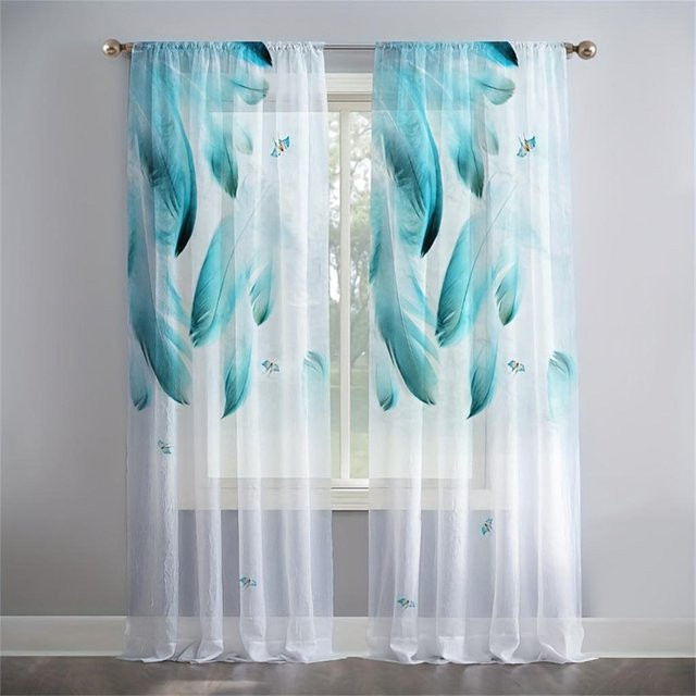 Yiran Furniture Voile-Jalousien aus Tüll mit goldenen Federn und Blättern, 2er-Set, Transparent/Gold/Weiß, B: 85 cm, H: 200 cm - Bild 1