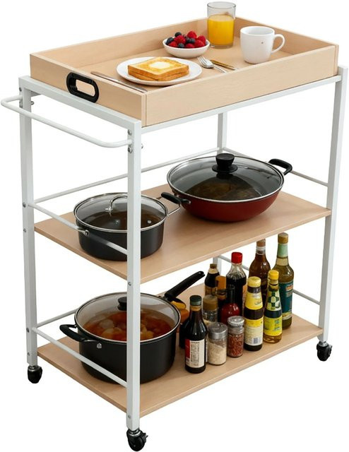 Relaxdays Servierwagen aus MDF und Stahl in Hellbraun und Weiß mit abnehmbarem Tablett, B/T/H: 88 x 70 x 40 cm - Bild 1