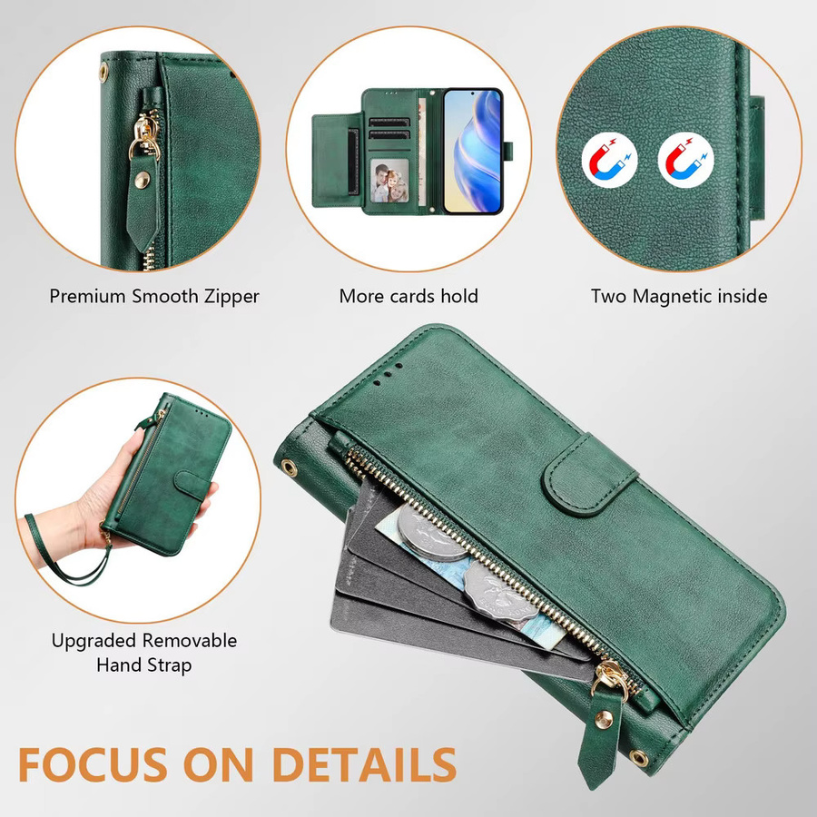 Xiaomi Crossbody Leder-Brieftaschenhülle mit Reißverschluss für Poco X8 Pro Max 5G, F8 Ultra, F7, M8, M7, X7 Pro in Blau oder Grün - Bild 2