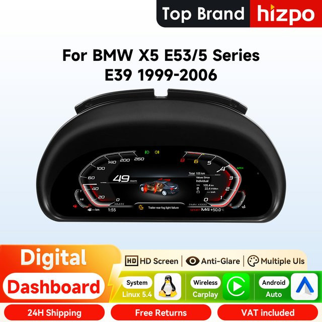 Hizpo Digitales Kombiinstrument 10,25 Zoll für BMW X5 E53 und 5er Serie E39 Android Auto LCD-Armaturenbrett in Schwarz - Bild 1