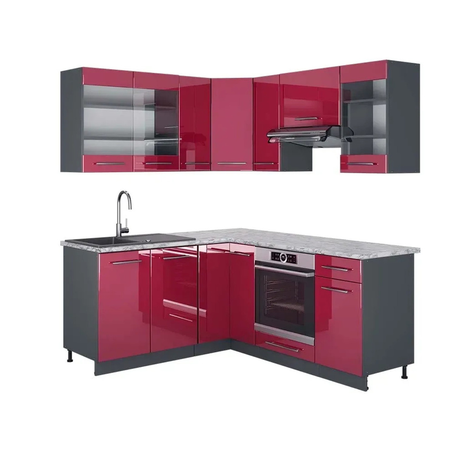 Vicco Fame-Line Eckküche in Bordeaux Hochglanz und Anthrazit mit Marmor-Optik, B/T/H: 160 x 190 cm - Bild 2