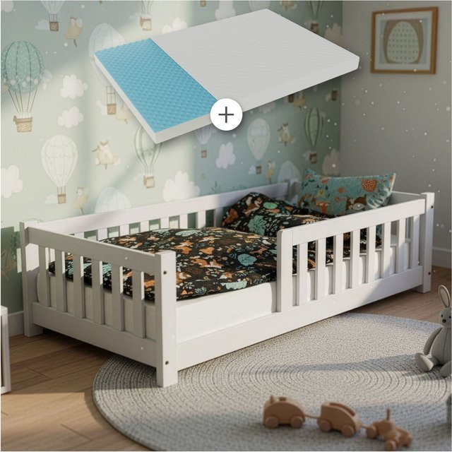 Juskys Kinderbett Naya Bodenbett aus Massivholz mit Matratze, Rausfallschutz und Lattenrost, Farbe Weiß, B/T/H: 80 x 160 cm - Bild 1