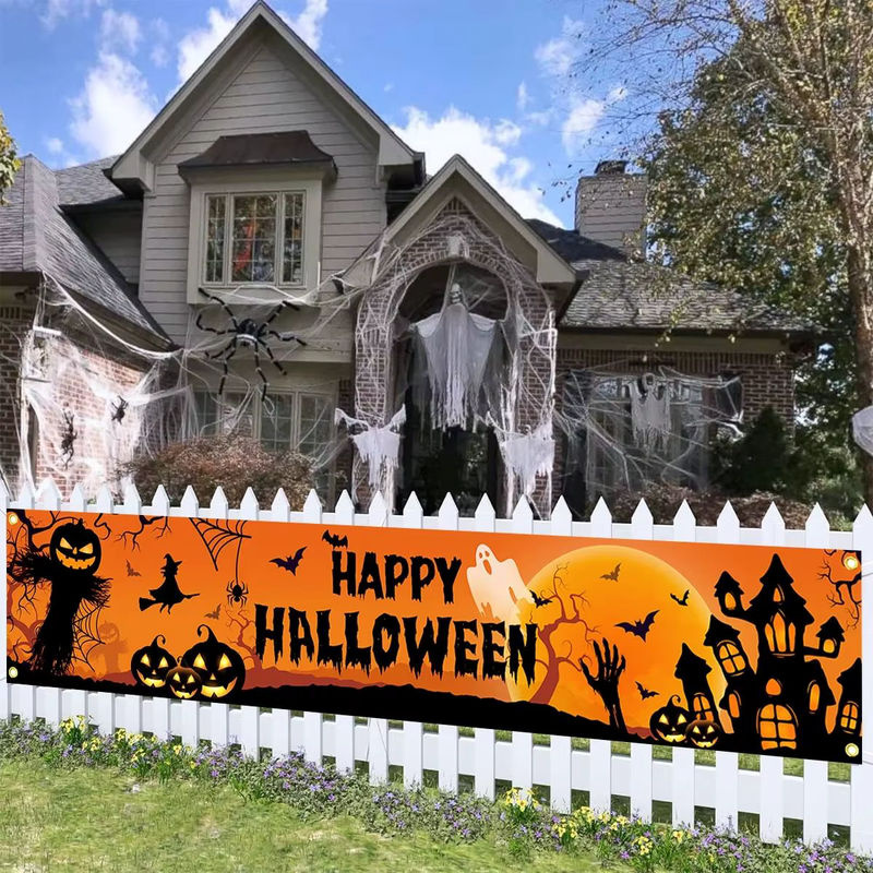 VIKAMA Halloween Outdoor Banner mit Kürbis- und Fledermaus-Muster in Orange, rechteckige Hängedekoration für Horror-Partys und Heimdekoration, B/H: 200 x 40 cm - Bild 3