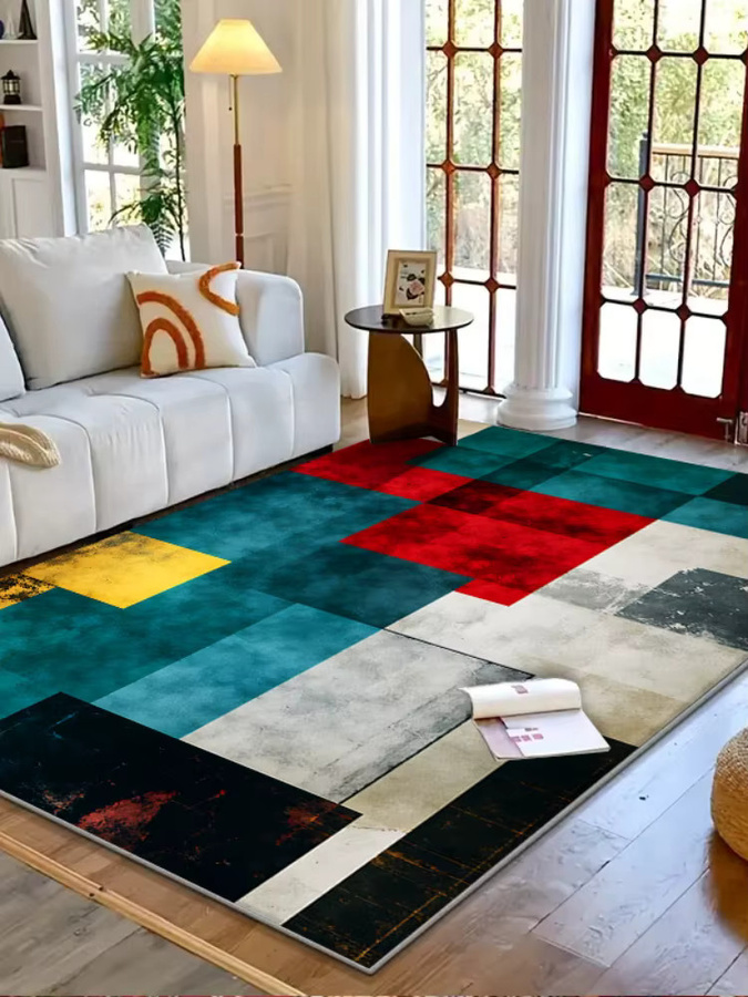 RAKKS Moderne Rechteckige Bereichsmatte mit Geometrischem Muster in Blau, Rot und Grau für Wohnzimmer, Schlafzimmer, Büro, Terrasse oder Balkon - Bild 2