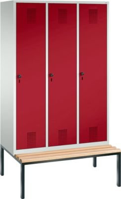 Kleiderspind C + P Evolo S 3000 aus Stahl mit integrierter Sitzbank, 3 Abteile, Sicherheitsdrehriegelverschluss, lichtgrau/rubinrot - Bild 1