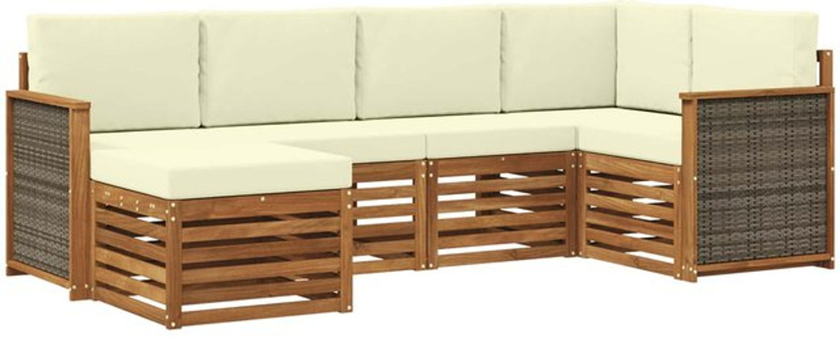 Modernes Ecksofa Set von vidaXL mit 5 Kissen aus Akazie und Polyester in Natur, Beige und Weiß - Bild 1