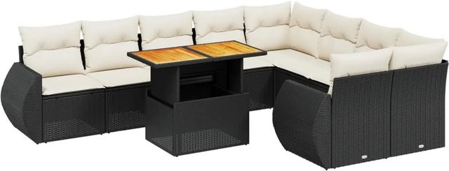 vidaXL 10-teilige Garten-Sofagarnitur aus Poly-Rattan und Akazienholz in Schwarz-Creme mit Kissen - Bild 1