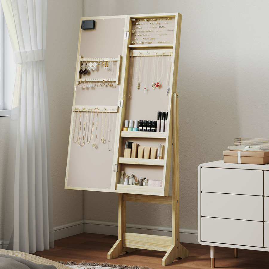 HOMCOM Schmuckschrank mit LED-Beleuchtung und Ganzkörperspiegel in Naturholz-Optik, Stand-Schmuckschrank mit Ablagen und Ringschlitzen, Farbe: Braun - Bild 2