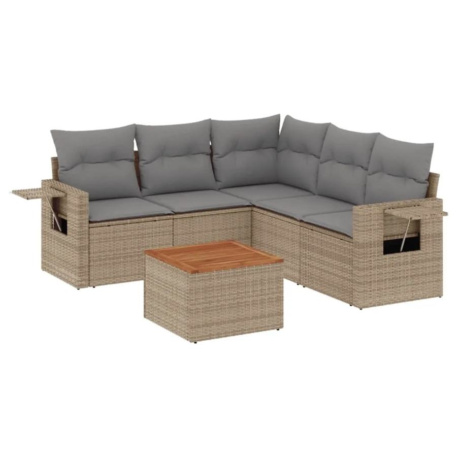 vidaXL 6-tlg Garten-Sofagarnitur in L-Form aus beigem Poly-Rattan mit Kissen und pulverbeschichtetem Stahlgestell - Bild 2