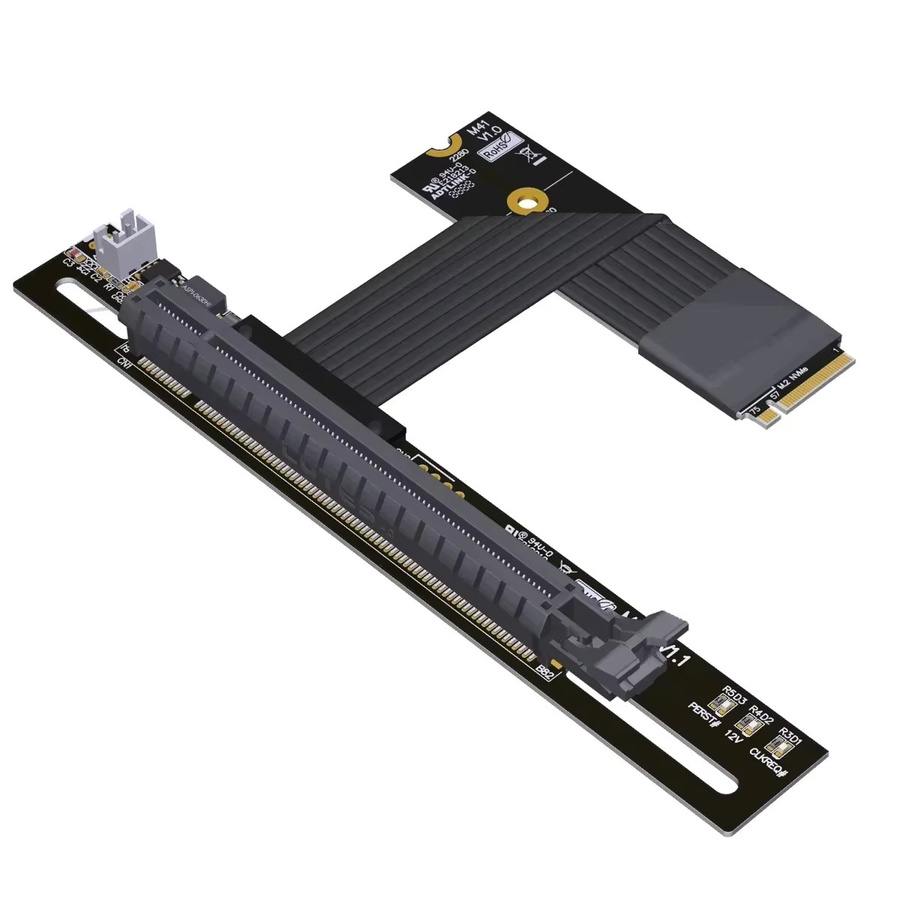ADT-Link PCIe X4 4.0 M.2 NVMe zu X16 FFC Grafikkarten-Verlängerungskabel mit DC-Stromverstärkung für ATX aufrechte GPU in Schwarz - Bild 3