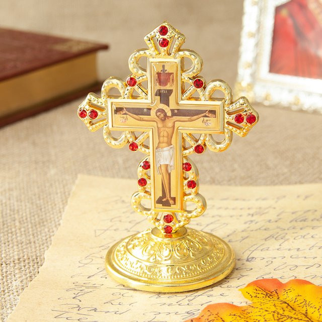 HTISOK Orthodoxes Tischkreuz aus Metall mit Jesus-Ikone und Ständer in Gold für Gebete und als Home Decor - Bild 1