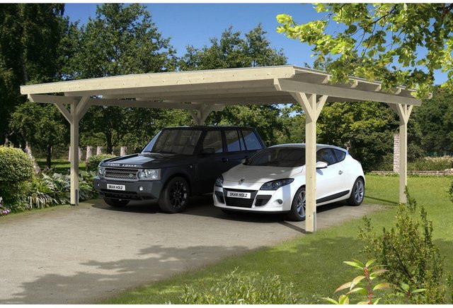 Skan Holz Carport Odenwald Flachdach aus Fichten-Leimholz mit Doppelstegplatten, Farbe: beige, B/T: 640 x 648 cm, Höhe: 244 cm - Bild 1