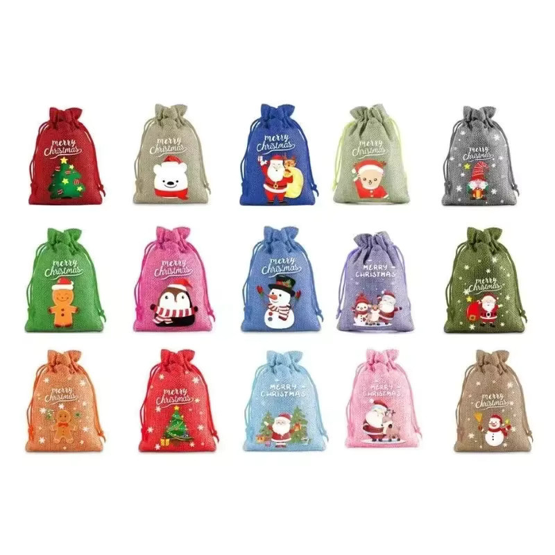 LIJIAO 10er Set Frohe Weihnachten Leinen Beutel mit Kordelzug als kleine Geschenkverpackung für Kinder und Party-Gastgeschenke - Bild 4