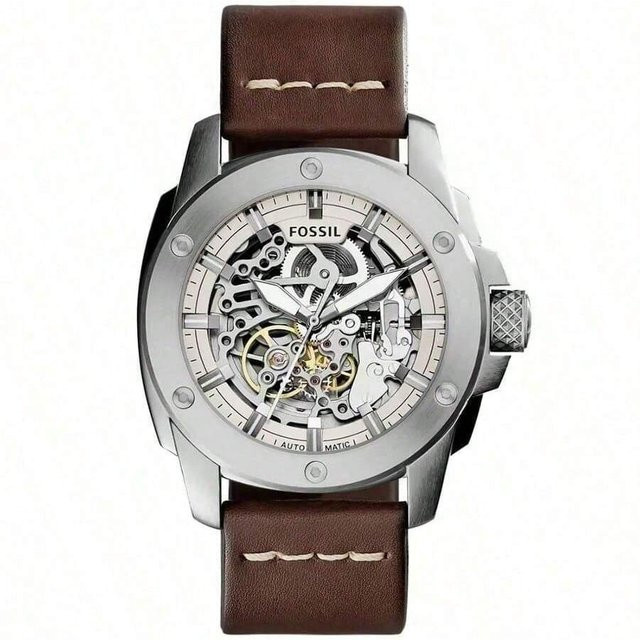 Fossil Armbanduhr Automatik, Edelstahlgehäuse, Lederarmband, Herren, silber - Bild 1