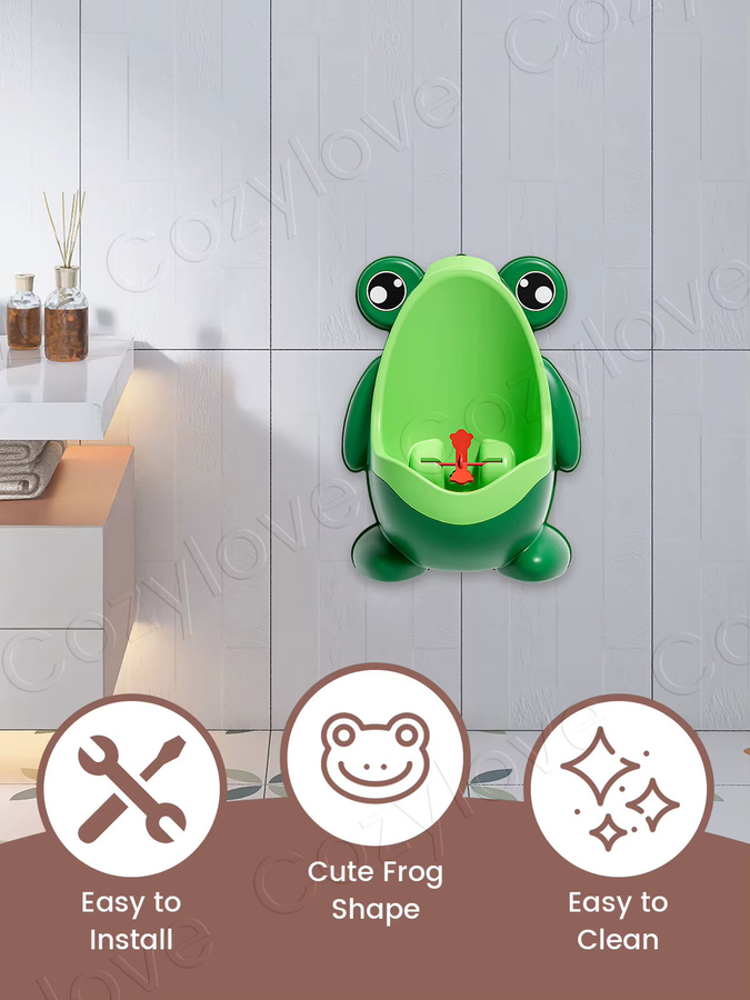 Kisslanding Wandmontiertes Baby-Urinal für Jungen mit Cartoon-Frosch-Design und Zielspiel, Farben: Grün oder Blau - Bild 5