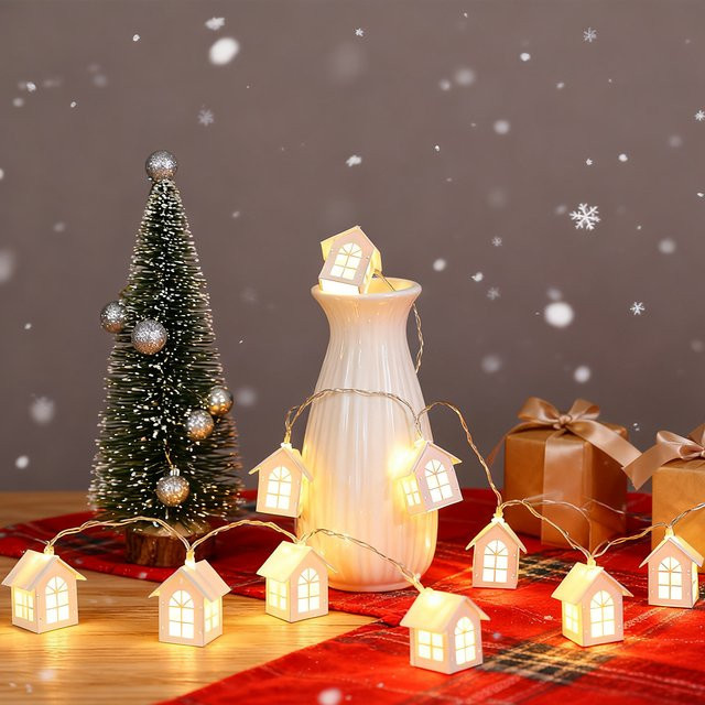 Holzhaus-Feen-Lichterkette mit 10 warmweißen LED-Laternen, 2 m Länge, weißes Holzdesign für Dekorationen zu Weihnachten, Hochzeiten oder Partys - Bild 1