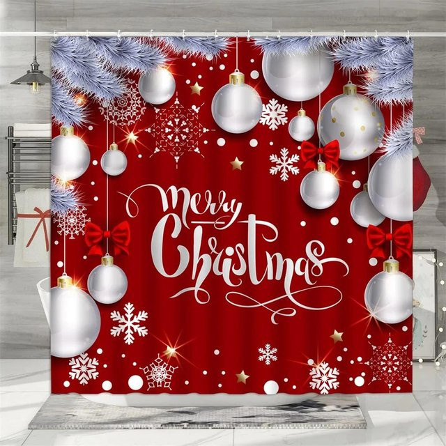 Weihnachts-Duschvorhang mit bunten Weihnachtskugeln und Kiefernnadeln aus Polyester, B/H: 90 x 180 cm, Mehrfarbig - Bild 1