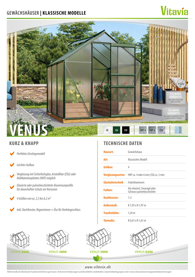 Vitavia Gewächshaus Venus 2500 in Schwarz mit 2,5 m² Fläche, Aluminiumrahmen, ESG-Glas, Schiebetür und Dachfenster - Bild 4