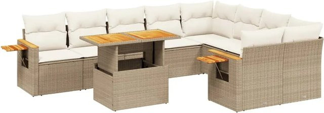 vidaXL 10-tlg. Garten-Sofagarnitur in U-Form aus PE-Rattan und Akazienholz mit Kissen in Beige/Cremeweiß - Bild 1