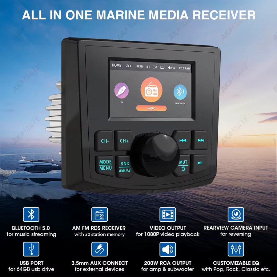 AKAMATE Marine Radio MP5 Bootsradio mit 3 Zoll Display, Wasserdicht IPX5, Bluetooth, AUX, AM/FM/RDS, Schwarz - Bild 2