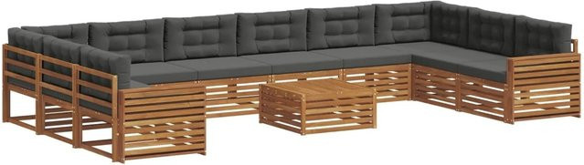 vidaXL Sofagarnitur aus Akazie Massivholz in U-Form, 11-teiliges Set in Natur und Anthrazit mit Polsterung und Kissen - Bild 1