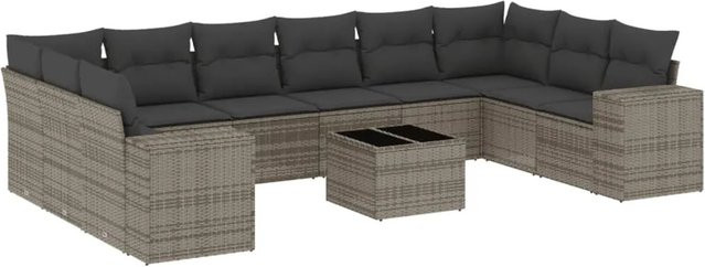 vidaXL 11-teilige Garten-Sofagarnitur in U-Form aus Polyrattan mit Kissen in Grau - Bild 1