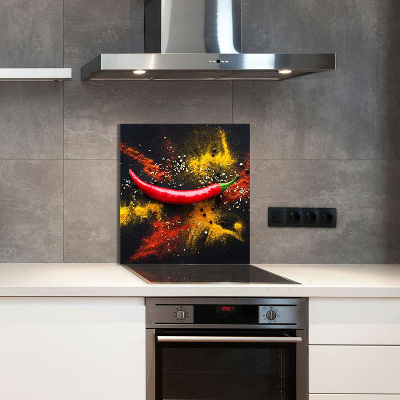 Modernes Küchenrückwand-Glaspaneel mit abstraktem Chili-Motiv, mehrfarbig, B: 60 cm, H: 65 cm - Bild 3