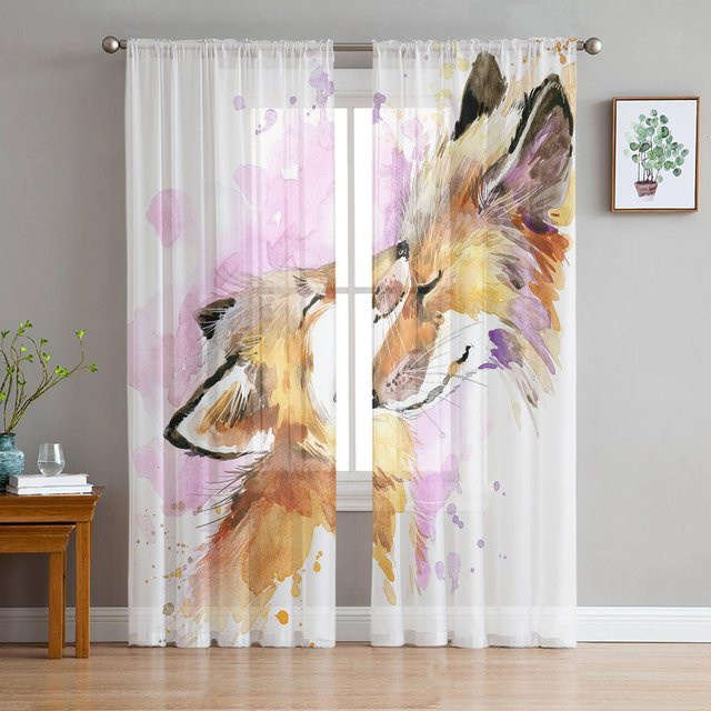 Transparente Tüll-Vorhänge mit Aquarell-Fuchs-Motiv in Weiß, B: 135 cm, H: 115 cm - Bild 1