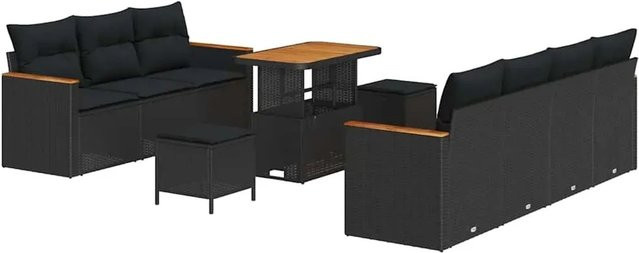 vidaXL Garten-Sofa-Set aus Poly-Rattan in Schwarz mit 10-teiligem Polster-Set und Tisch - Bild 1