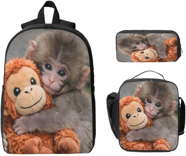 Fancy Style Studio Schulranzen Set mit Rucksack, Federtasche und Brotdose im Affen-Design für Mädchen und Jungen, Mehrfarbig - Bild 1