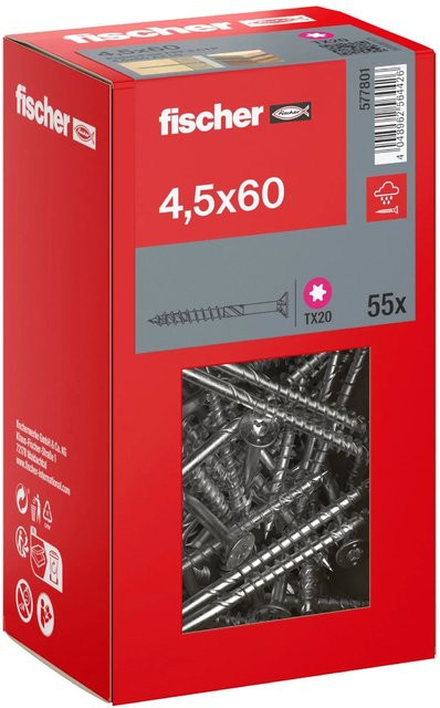 Fischer PowerFast II A2 Senkkopf Teilgewinde Schraube mit Torx-Antrieb aus Edelstahl in Silber, Durchmesser: 4,5 mm, Länge: 60 mm, 55 Stück - Bild 1