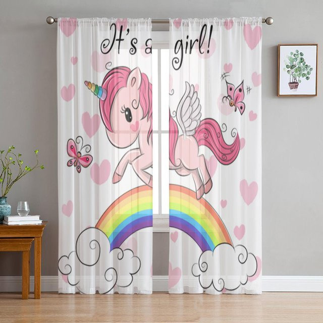 Yiran Furniture Tüllvorhänge mit Einhorn Schmetterling und Regenbogen Motiv, 2er-Set, Transparent, Multicolour, Breite: 50 cm, Höhe: 130 cm - Bild 1