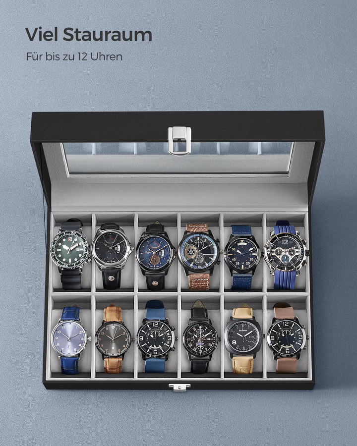 Songmics Uhrenbox Bridie mit 12 Fächern und Glasdeckel in Schwarz - Bild 5