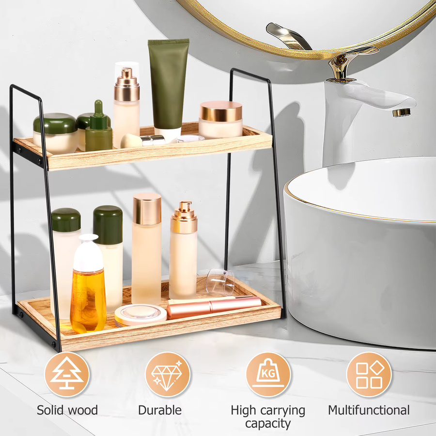 Willstar Bad Organizer Regal aus Holz, 2-stufiges Kosmetik Lagerregal in Braun, platzsparendes Standregal für die Arbeitsplatte - Bild 2